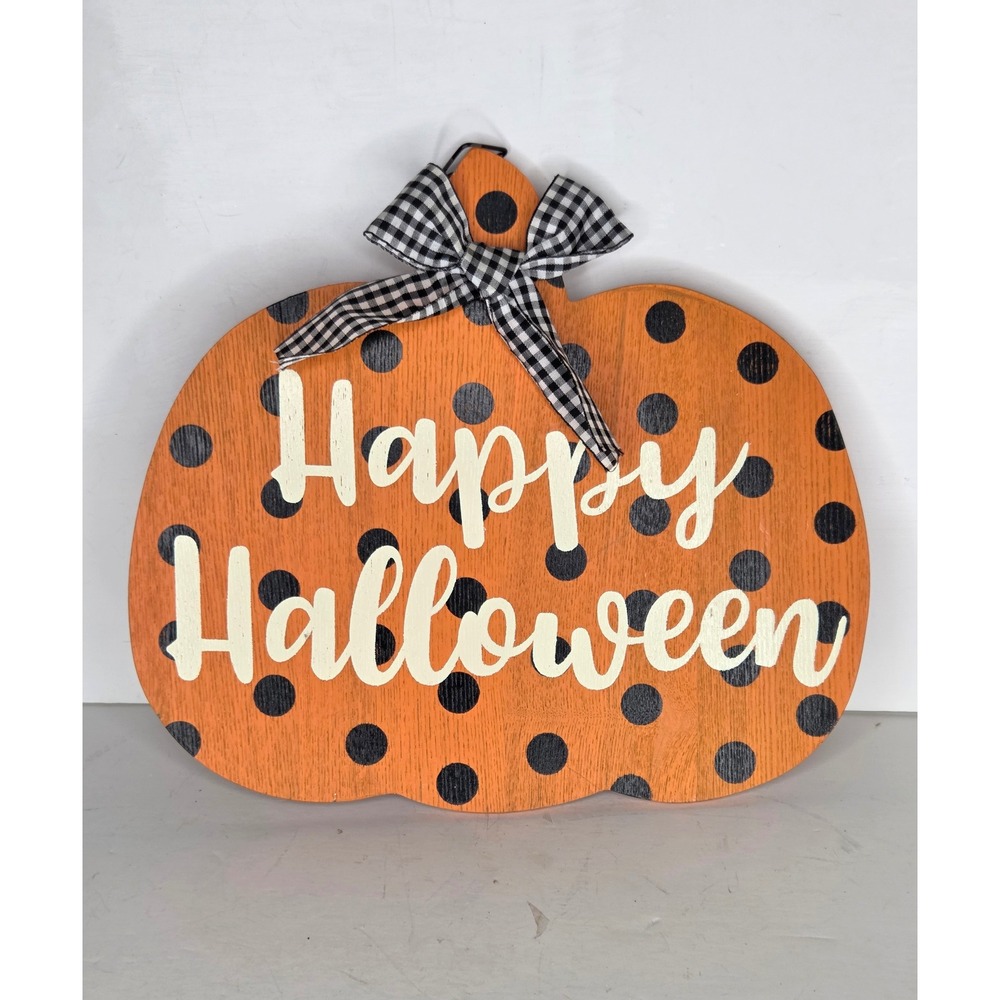 Happy Halloween Pumpkin Wood Wall Decor Orange Black Polka Dot Gingham Bow Sign